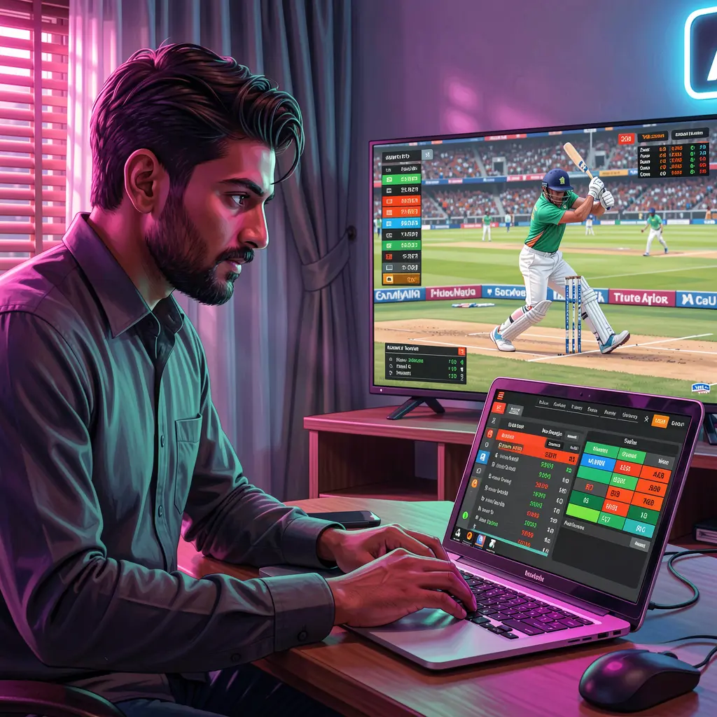 Focused Bangladeshi sports bettor placing online cricket bets on a laptop with live match visuals while using the BETJL platform