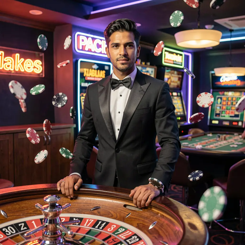 Stylish casino dealer in a tuxedo standing at a roulette table with flying chips highlighting the immersive live casino experience at BETJL in Bangladesh